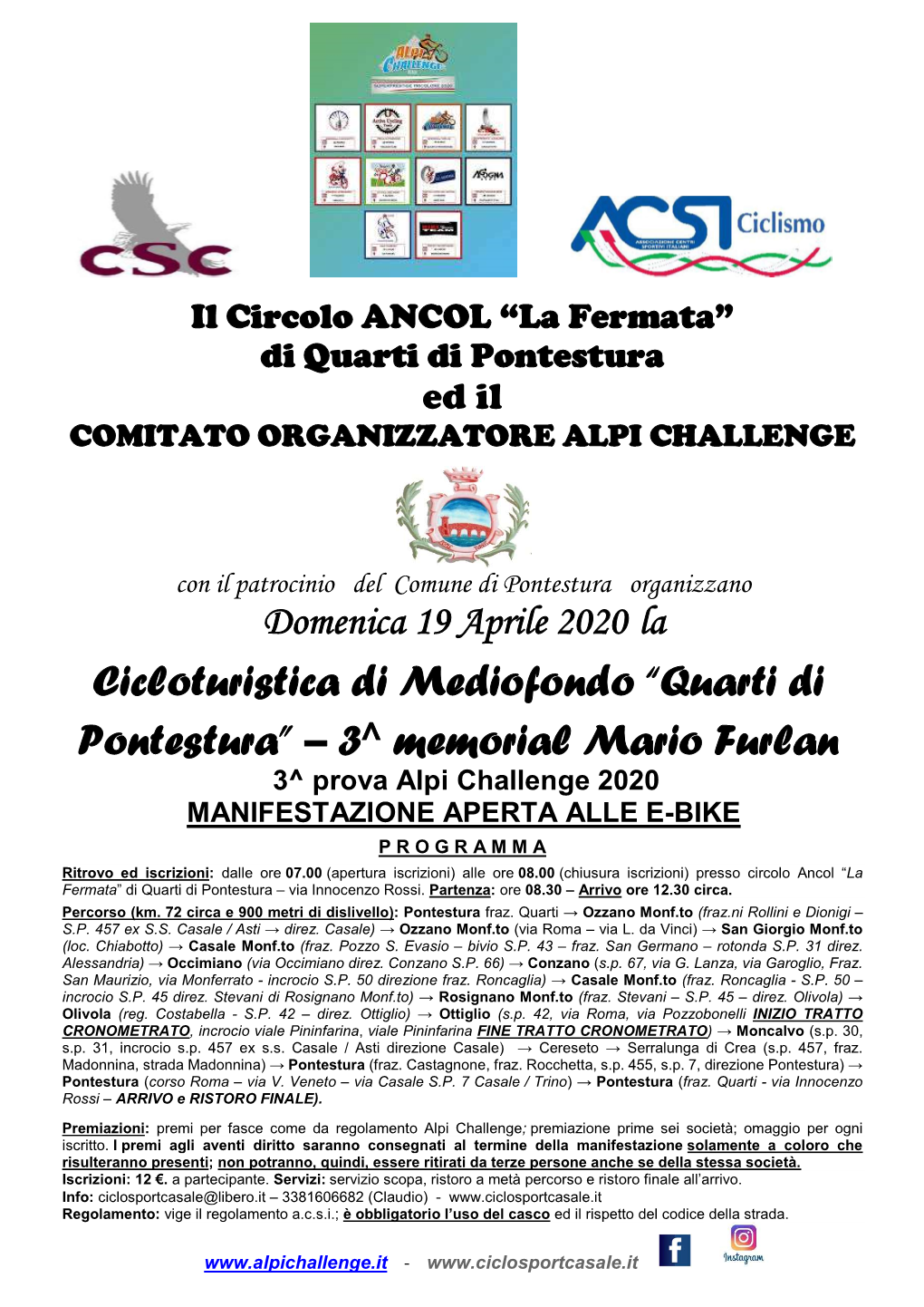 “Quarti Di Pontestura” – 3^ Memorial Mario Furlan 3^ Prova Alpi Challenge 2020 MANIFESTAZIONE APERTA ALLE E-BIKE