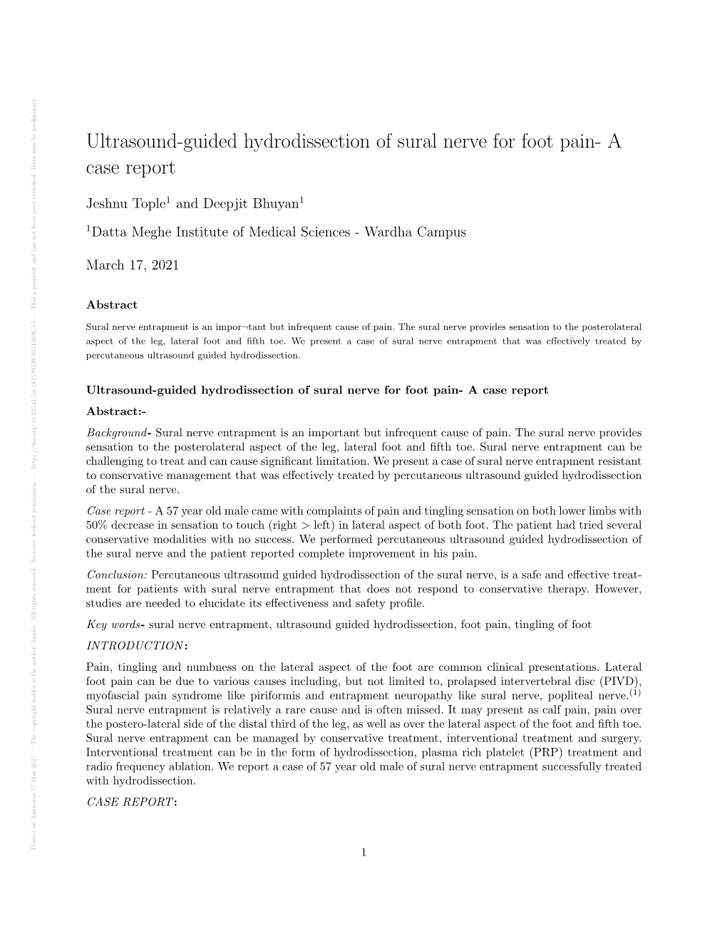 Ultrasound-Guided Hydrodissection of Sural Nerve for Foot Pain- a Case Report
