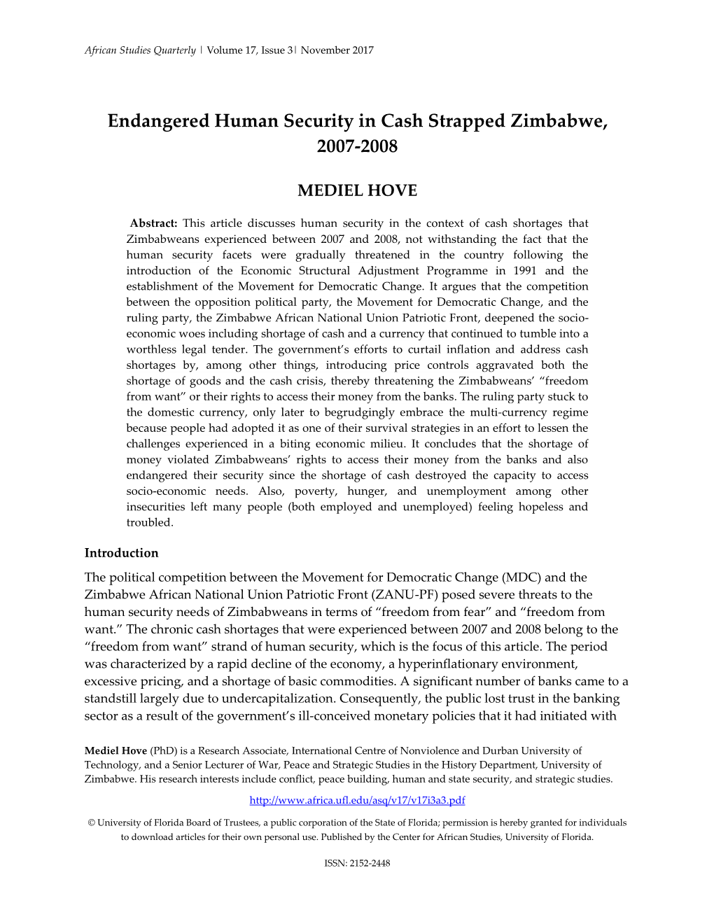 Endangered Human Security in Cash Strapped Zimbabwe, 2007-2008