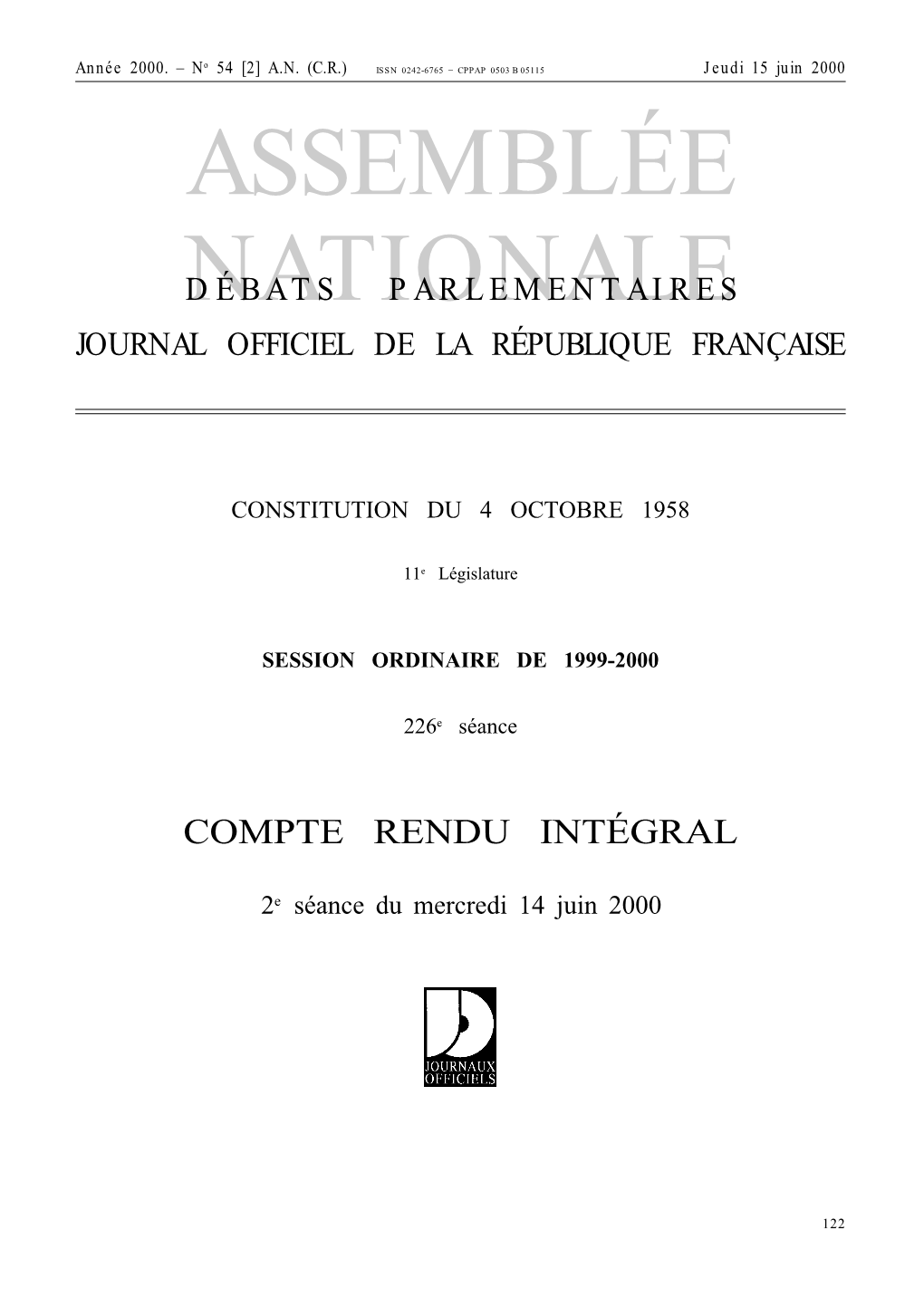 ASSEMBLÉE NATIONALE – 2E SÉANCE DU 14 JUIN 2000