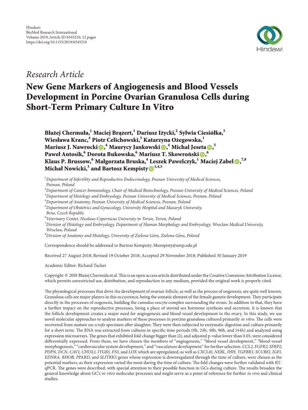 New Gene Markers of Angiogenesis and Blood Vessels Development in Porcine Ovarian Granulosa Cells During Short-Term Primary Culture in Vitro