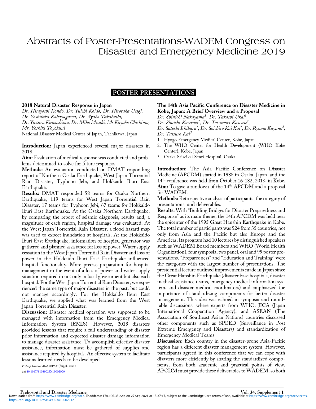 The 14Th Asia Pacific Conference on Disaster Medicine in Kobe, Japan: a Brief Overview and a Proposal