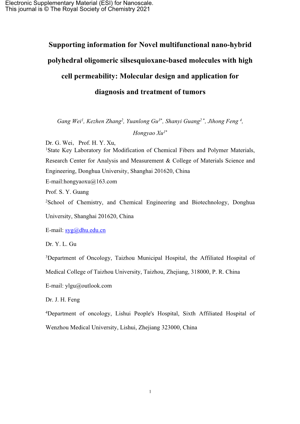 Supporting Information for Novel Multifunctional Nano-Hybrid