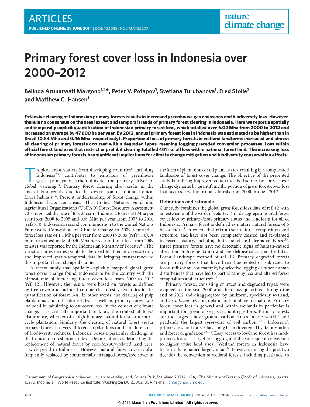 Primary Forest Cover Loss in Indonesia Over 2000–2012