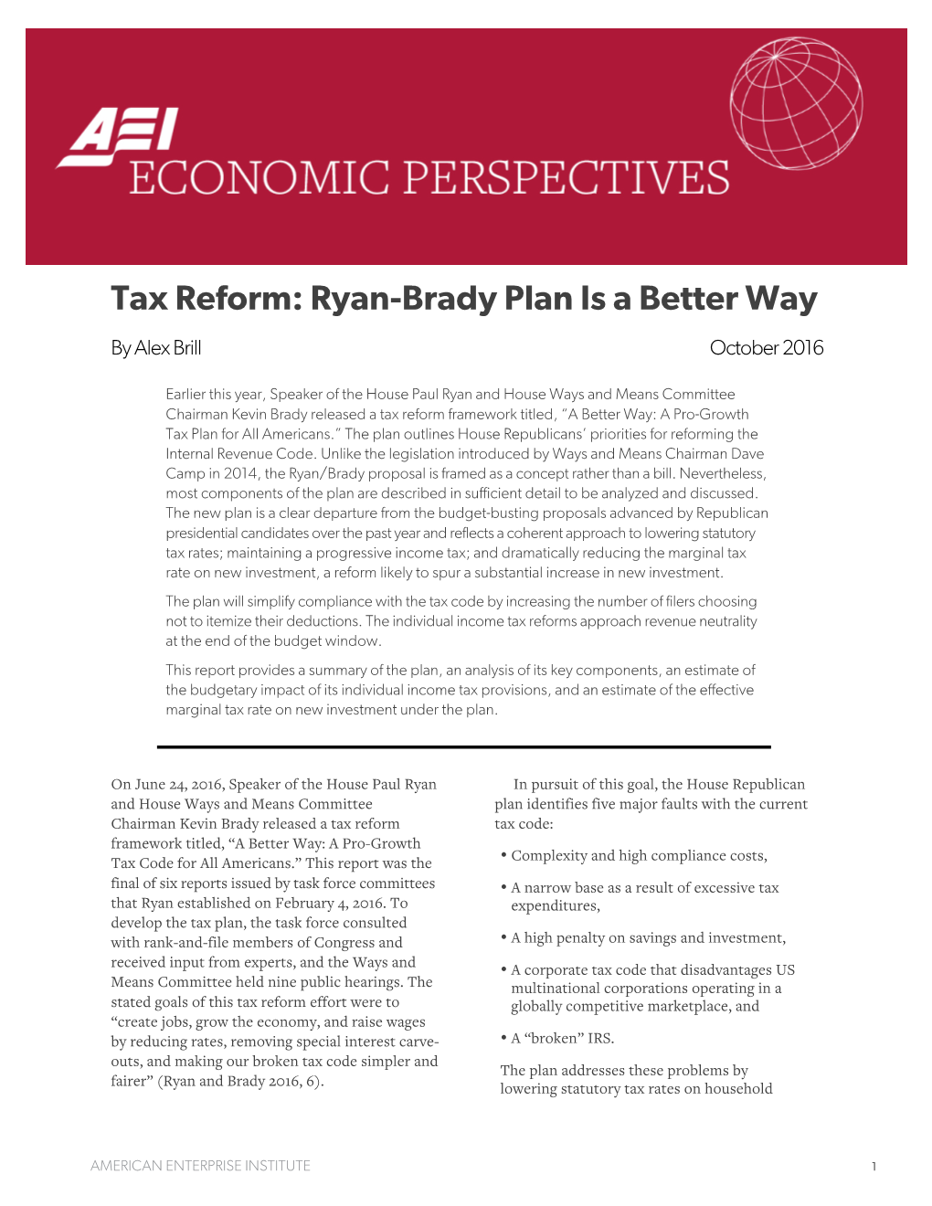 Tax Reform: Ryan-Brady Plan Is a Better Way by Alex Brill October 2016