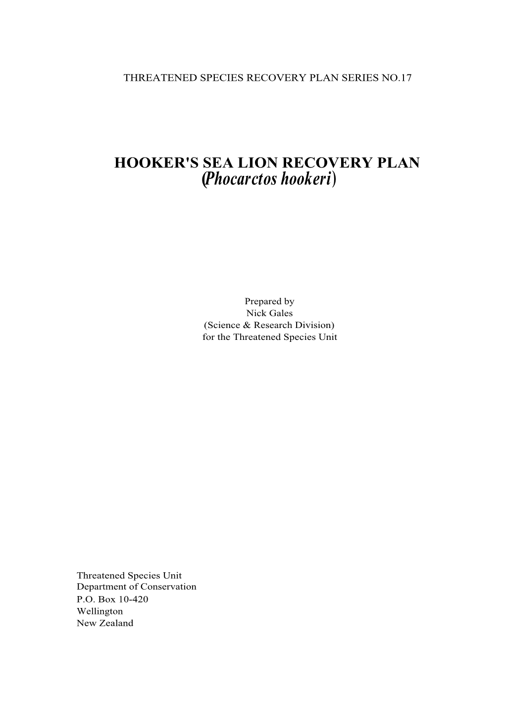 HOOKER's SEA LION RECOVERY PLAN (Phocarctos Hookeri)