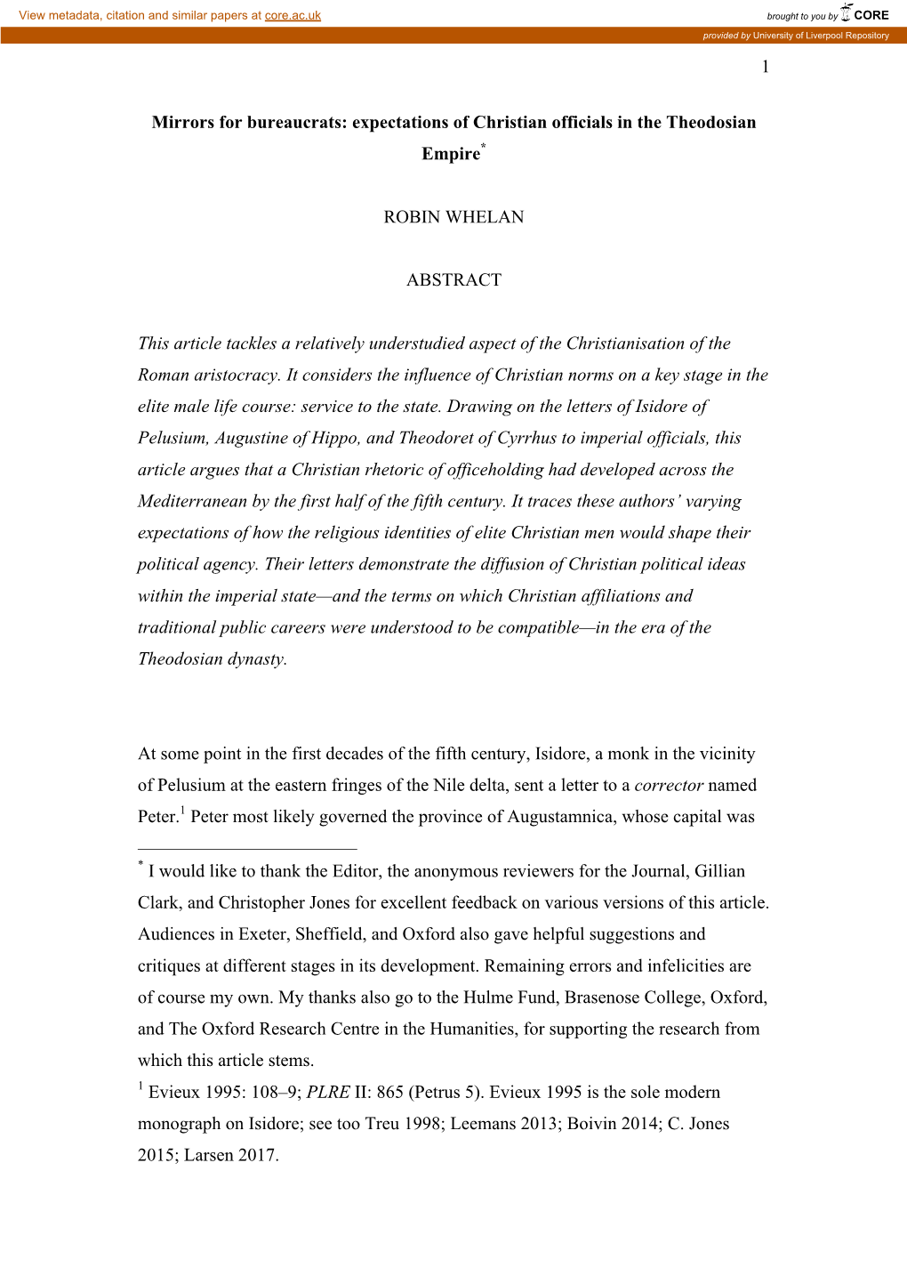 1 Mirrors for Bureaucrats: Expectations of Christian Officials in the Theodosian Empire* ROBIN WHELAN ABSTRACT This Article Tack