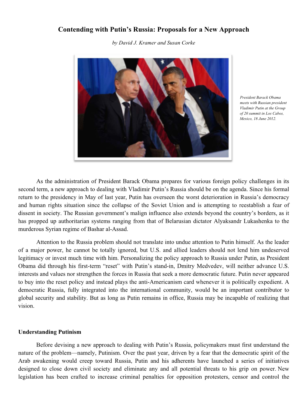 Contending with Putin's Russia: Proposals for a New Approach