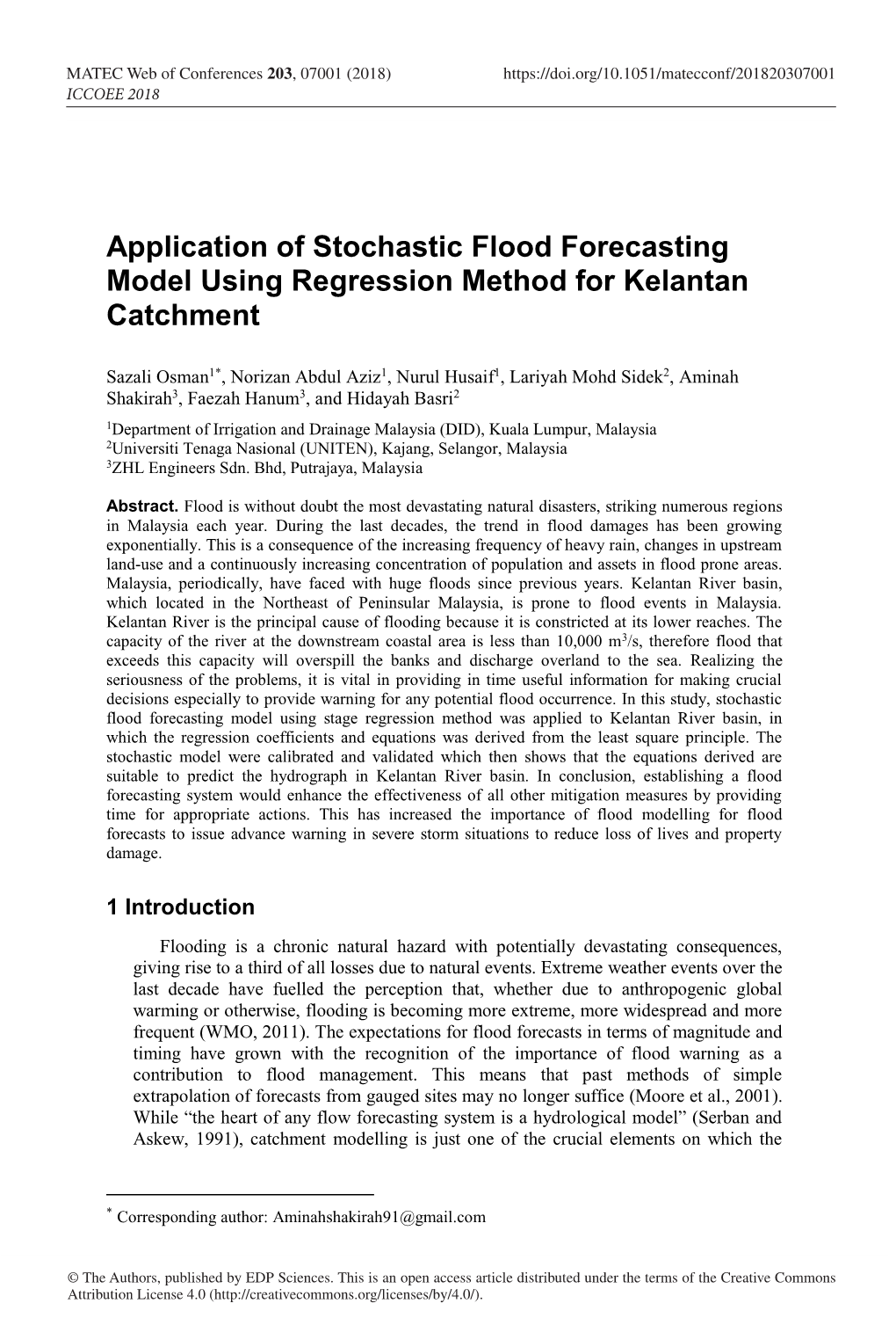 Application of Stochastic Flood Forecasting Model Using Regression Method for Kelantan Catchment