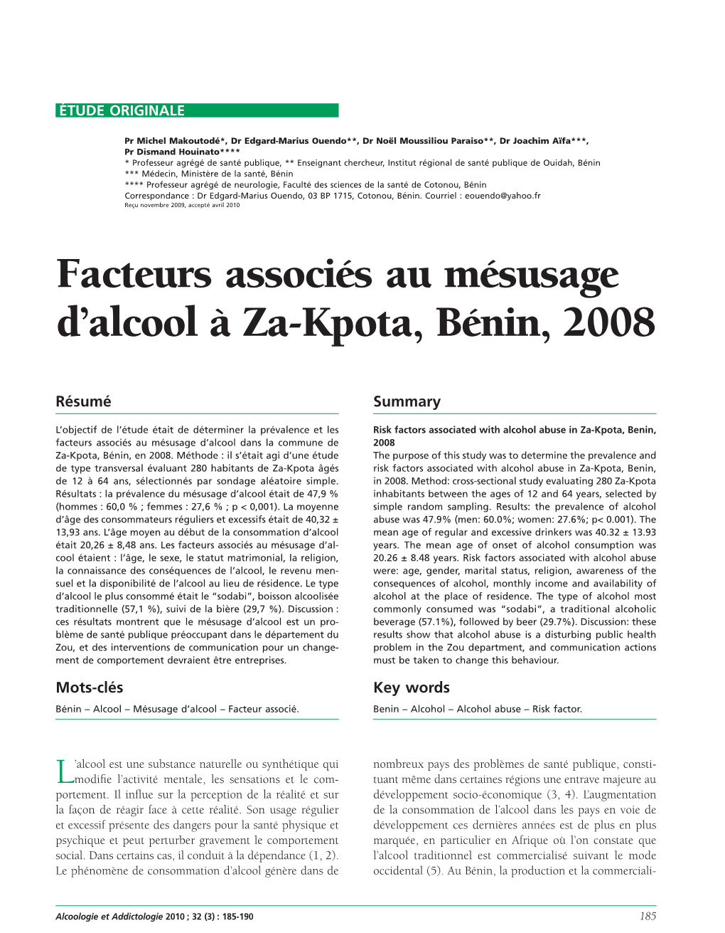 Facteurs Associés Au Mésusage D'alcool À Za-Kpota, Bénin, 2008