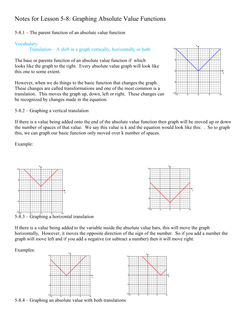 Notes for Lesson 5-8: Graphing Absolute Value Functions