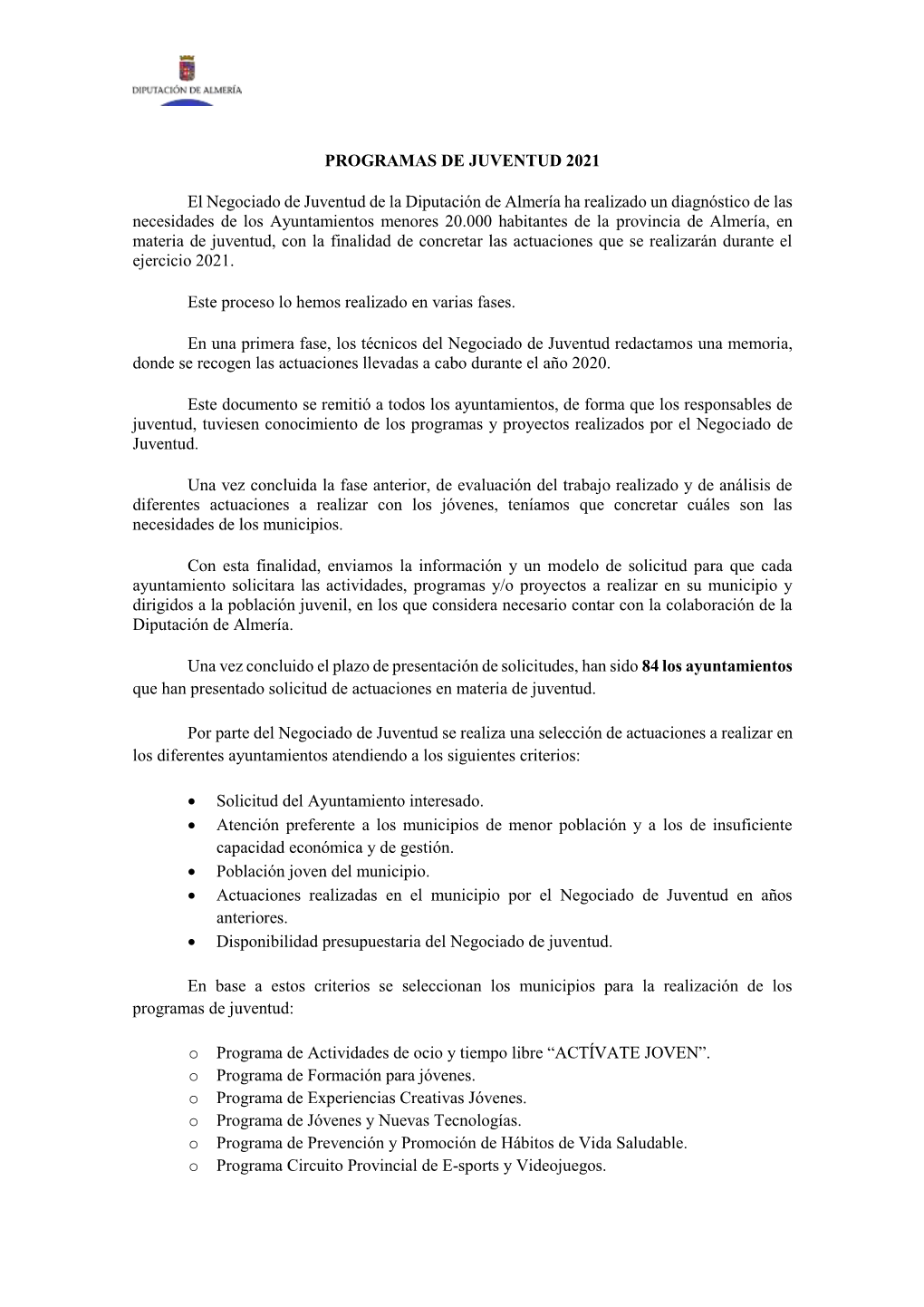 PROGRAMAS DE JUVENTUD 2021 El Negociado De Juventud De La