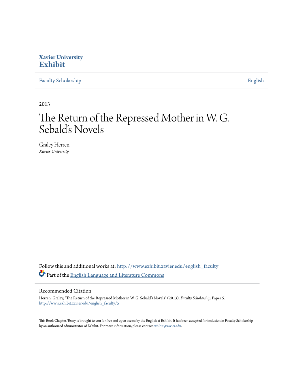 The Return of the Repressed Mother in W. G. Sebald's Novels