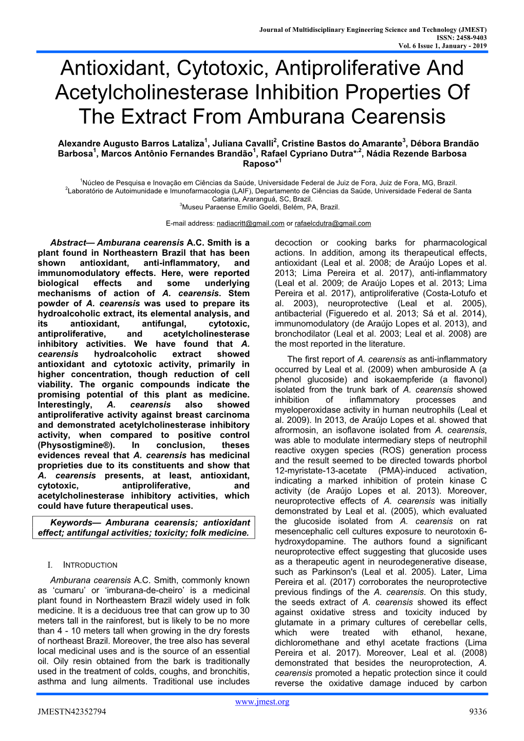 Antioxidant, Cytotoxic, Antiproliferative and Acetylcholinesterase Inhibition Properties of the Extract from Amburana Cearensis