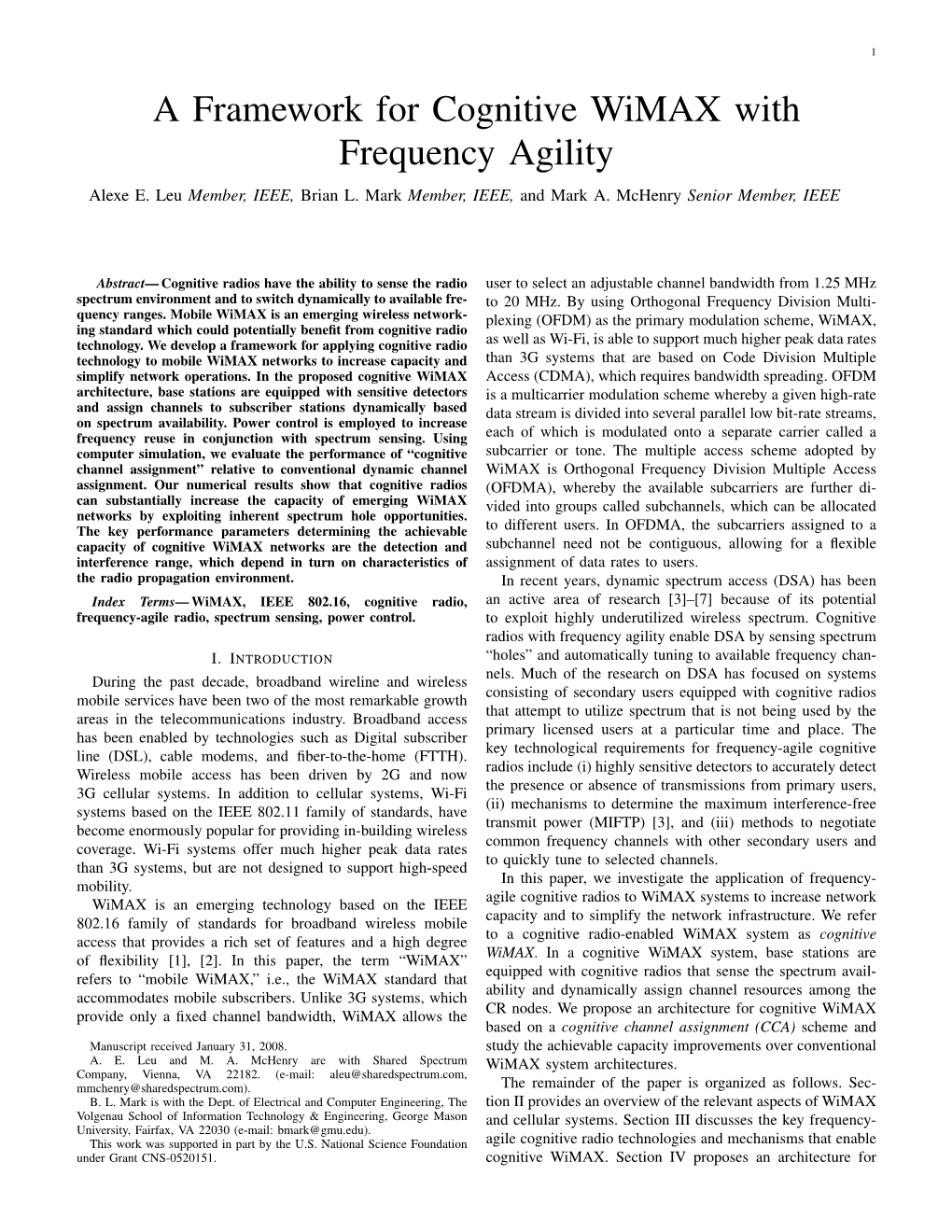 A Framework for Cognitive Wimax with Frequency Agility Alexe E