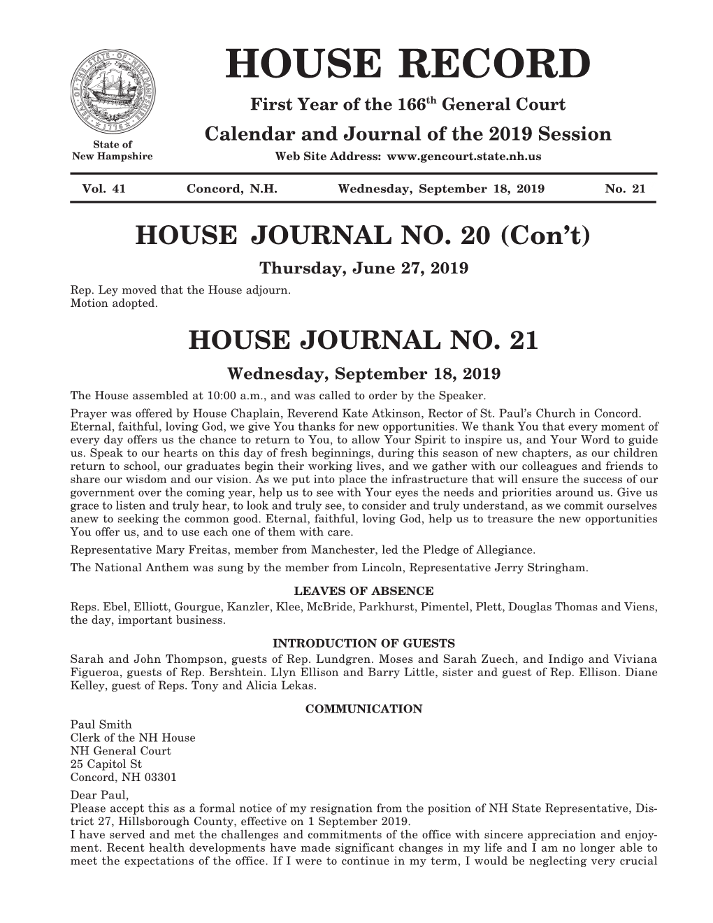 HOUSE JOURNAL NO. 20 (Con’T) Thursday, June 27, 2019 Rep