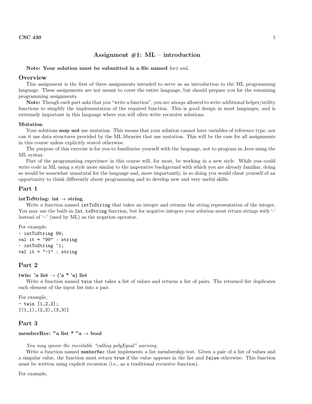 Assignment #1: ML – Introduction Overview Part 1 Part 2 Part 3