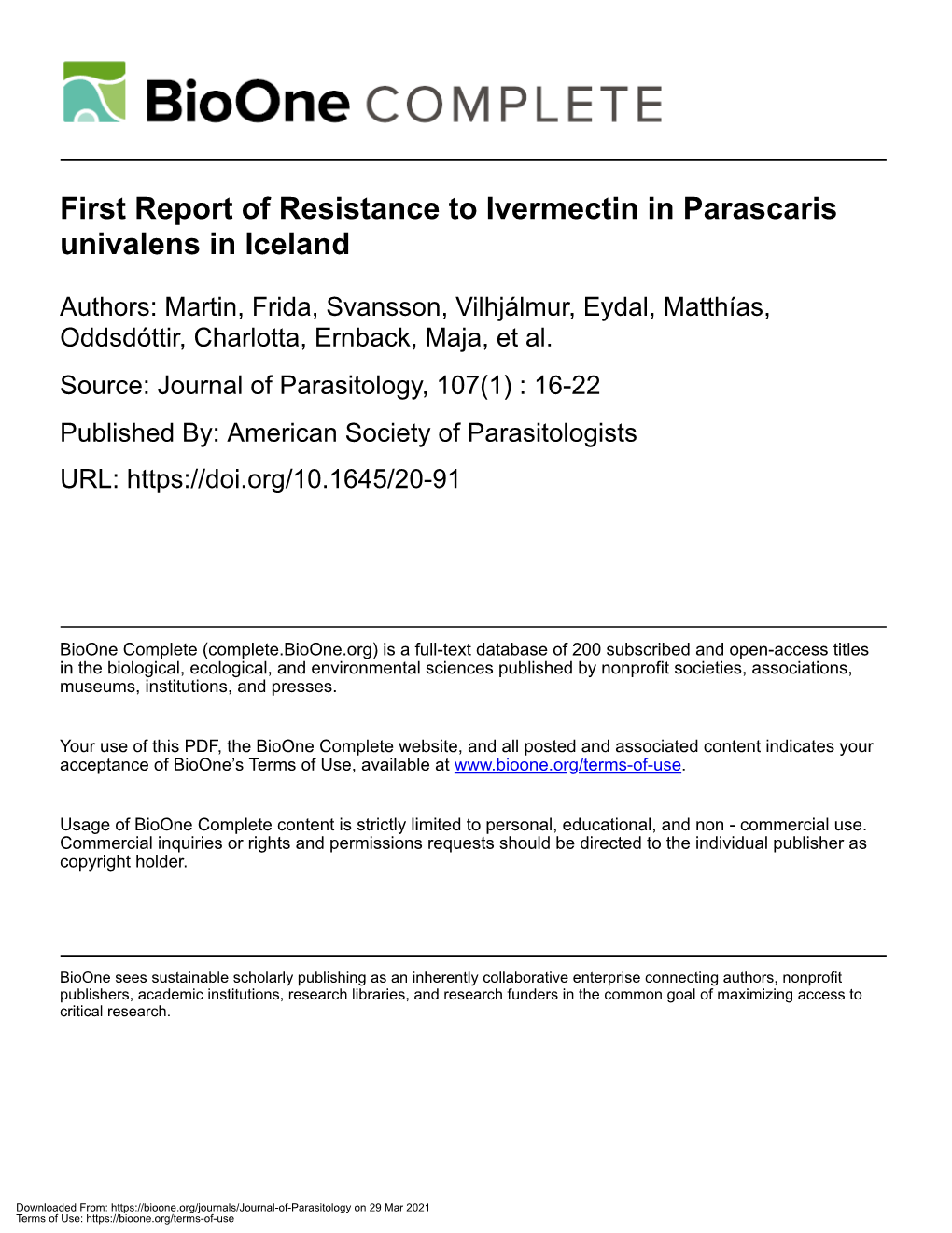 First Report of Resistance to Ivermectin in Parascaris Univalens in Iceland