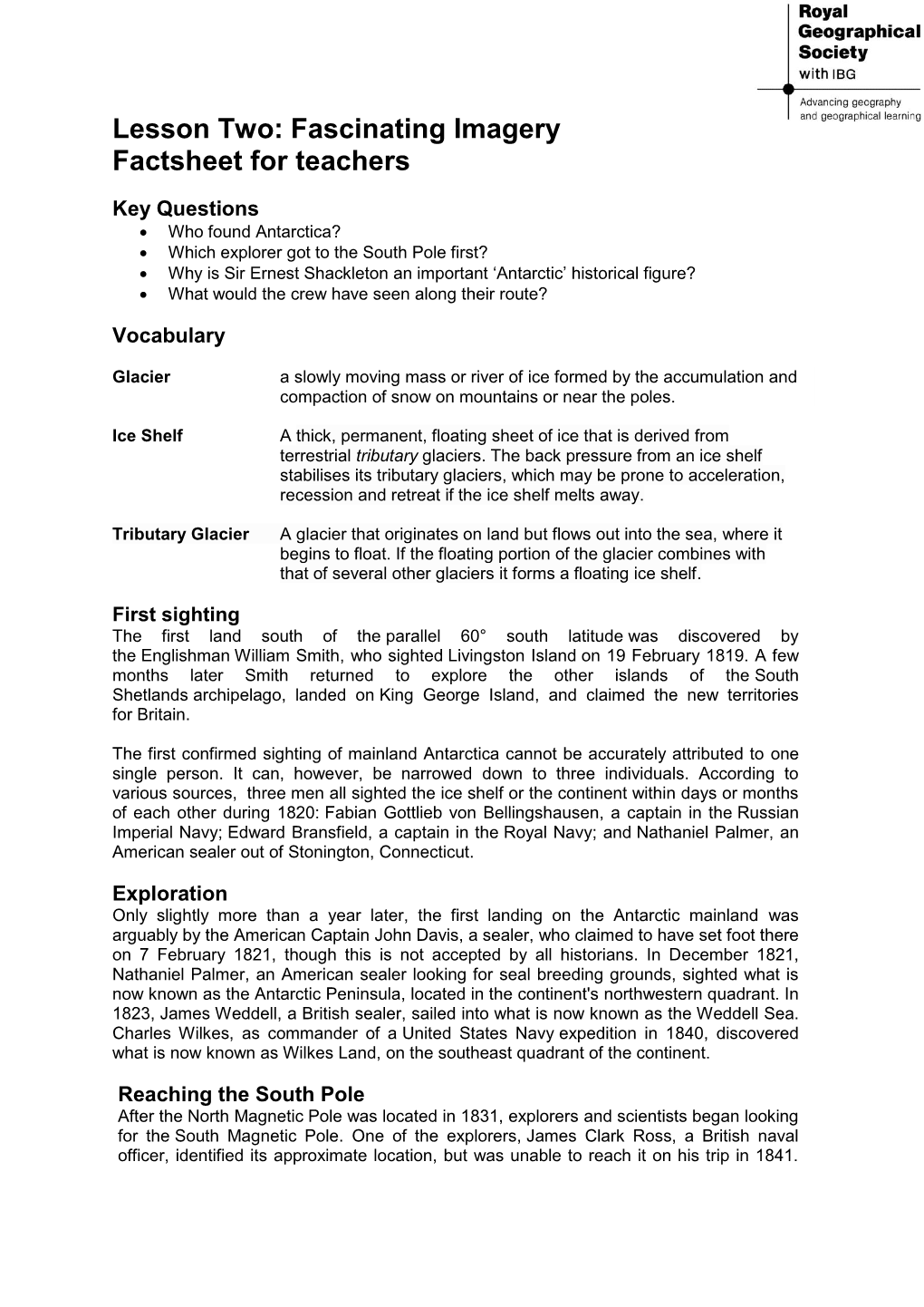 Exploring Shackleton's Antarctica Lesson 2 Factsheet