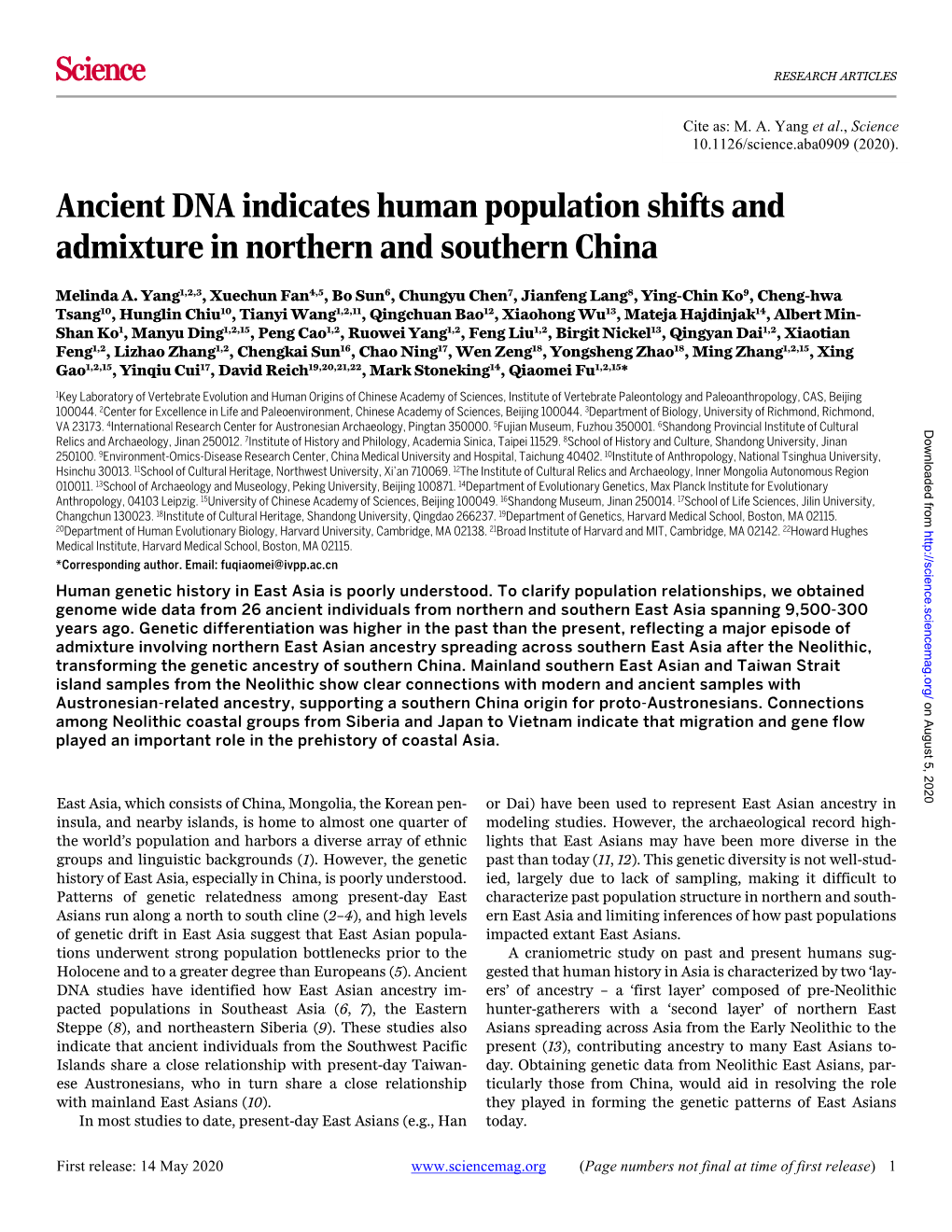 Ancient DNA Indicates Human Population Shifts and Admixture in Northern and Southern China