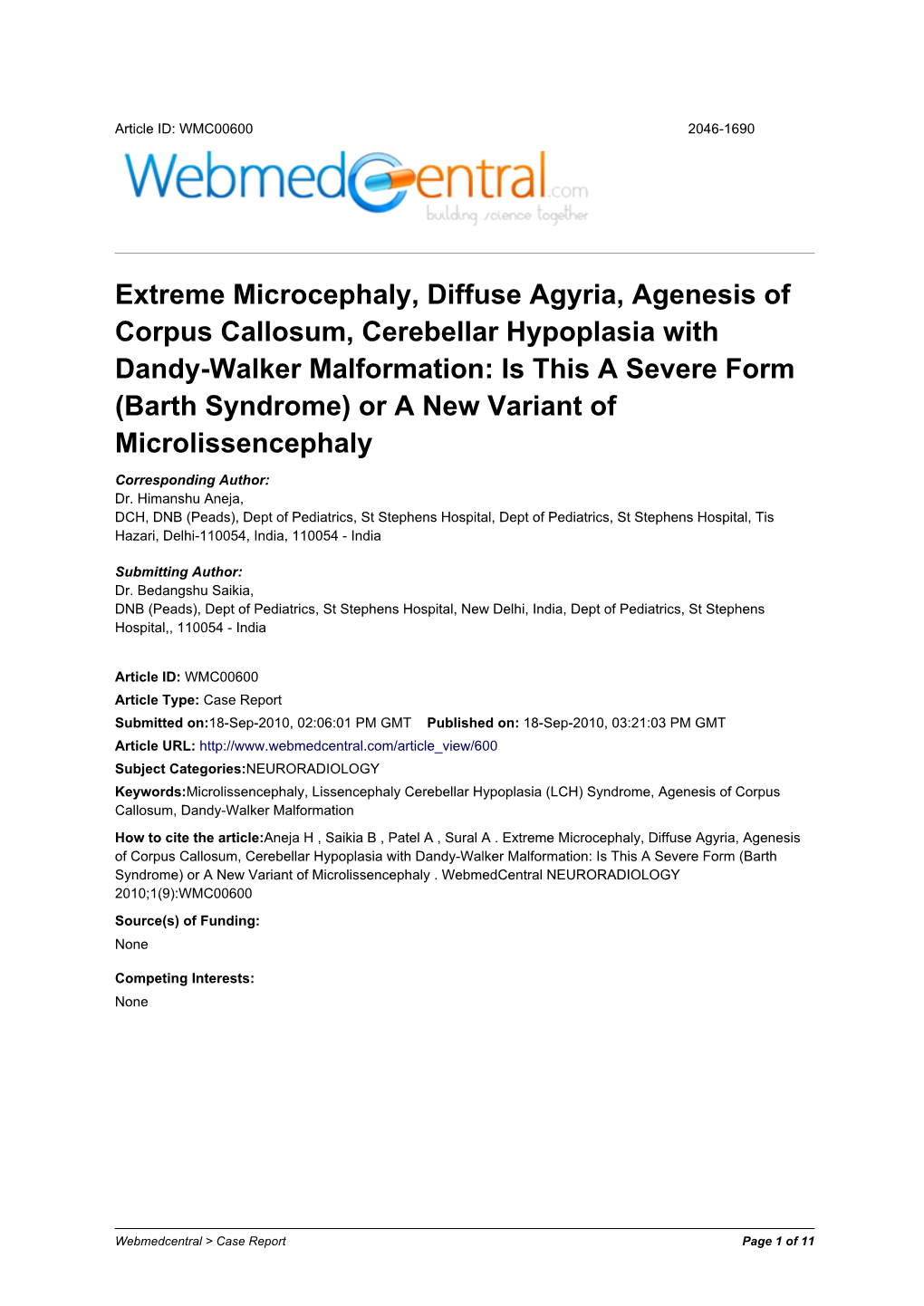 Extreme Microcephaly, Diffuse Agyria, Agenesis Of