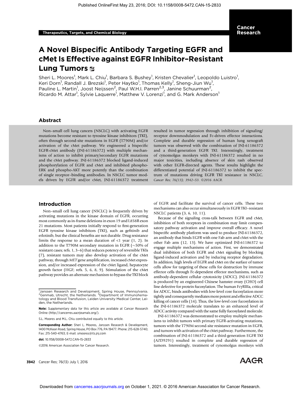 A Novel Bispecific Antibody Targeting EGFR and Cmet Is Effective Against EGFR Inhibitor−Resistant Lung Tumors