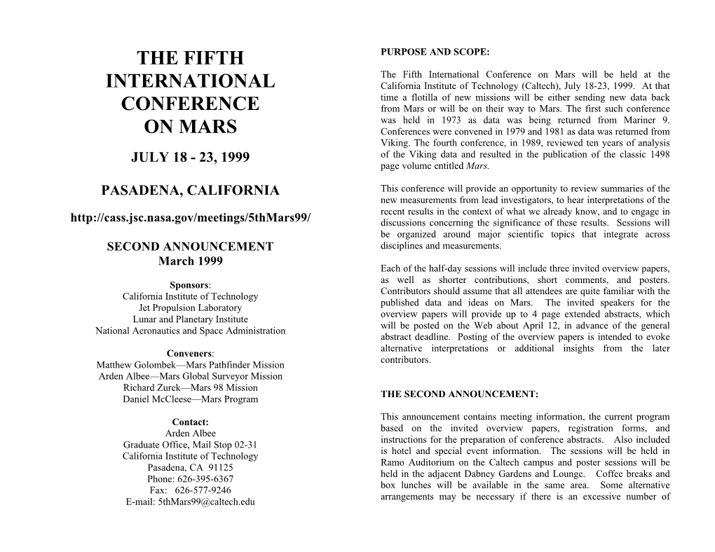 The Fifth International Conference on Mars Will Be Held at the INTERNATIONAL California Institute of Technology (Caltech), July 18-23, 1999