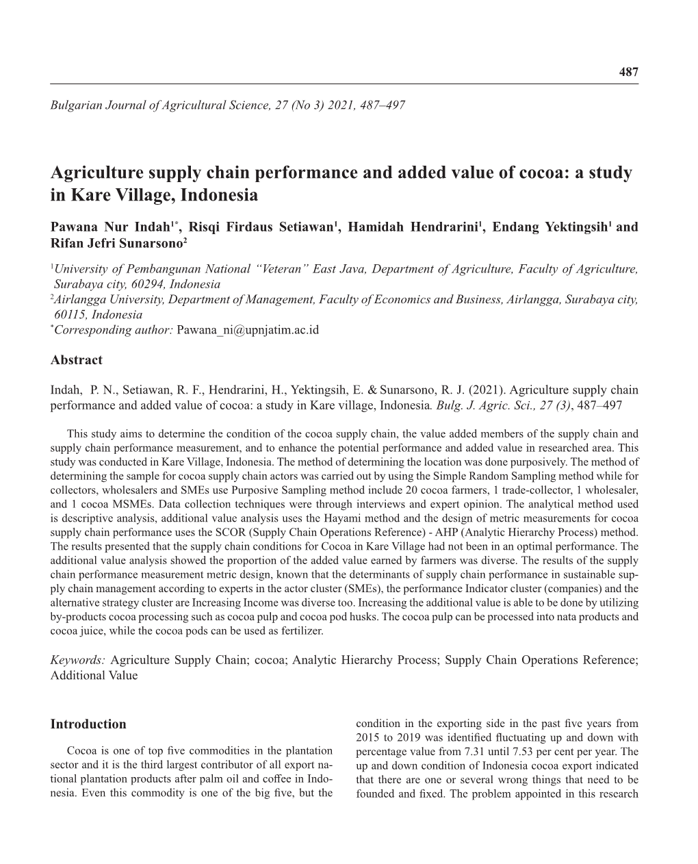 Agriculture Supply Chain Performance and Added Value of Cocoa: a Study in Kare Village, Indonesia