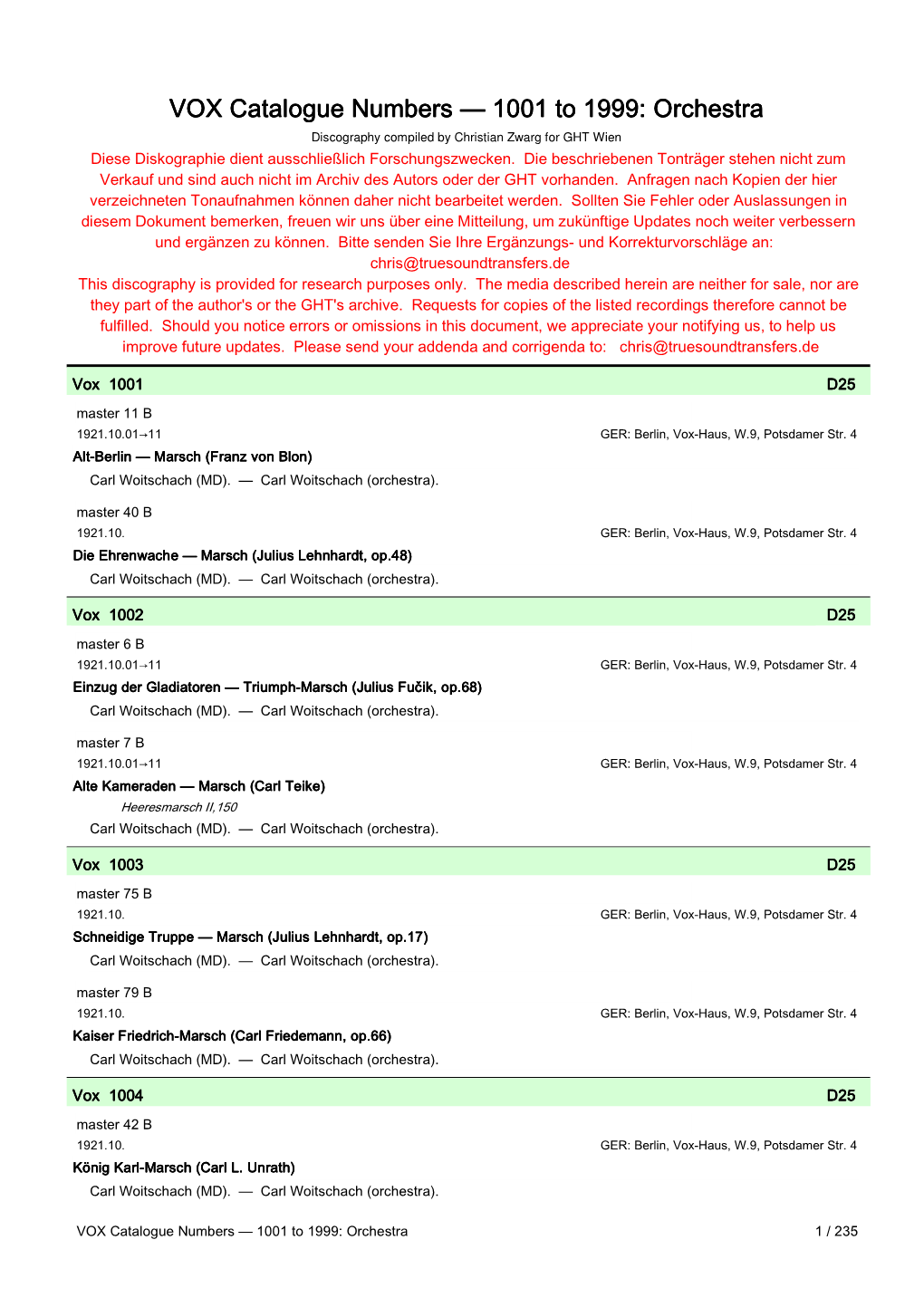 VOX Catalogue Numbers — 1001 to 1999: Orchestra Discography Compiled by Christian Zwarg for GHT Wien Diese Diskographie Dient Ausschließlich Forschungszwecken