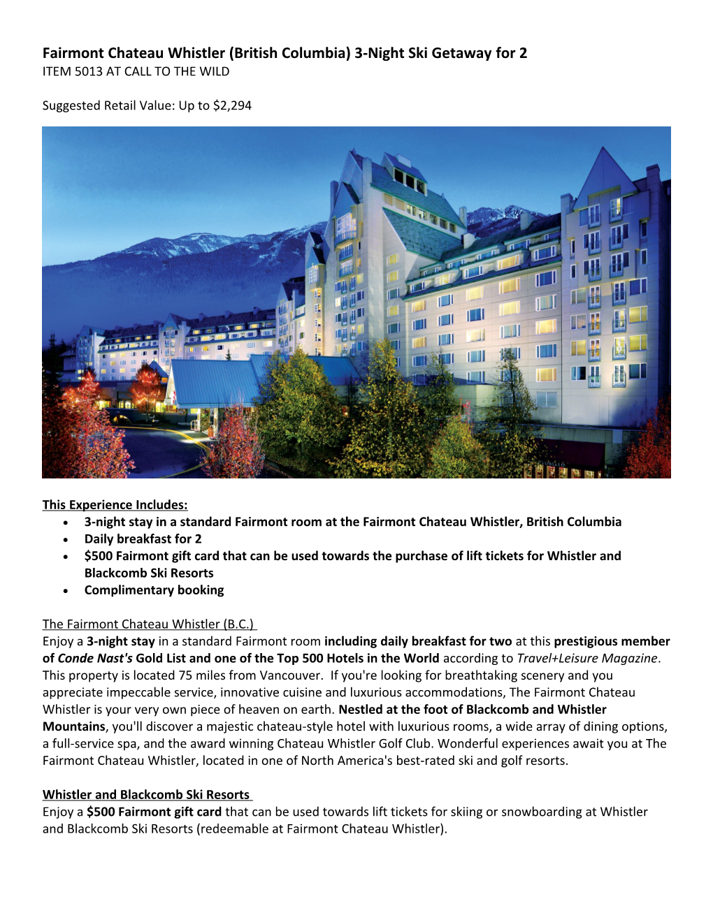 Fairmont Chateau Whistler 3-Night Ski Package with Airfare for (2)