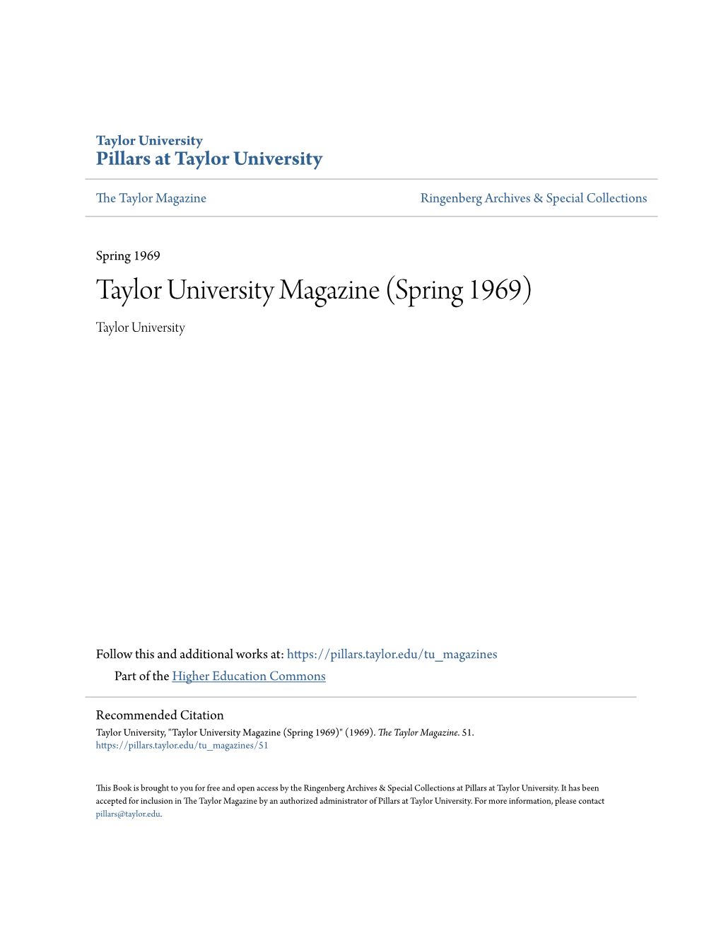 Taylor University Magazine (Spring 1969) Taylor University