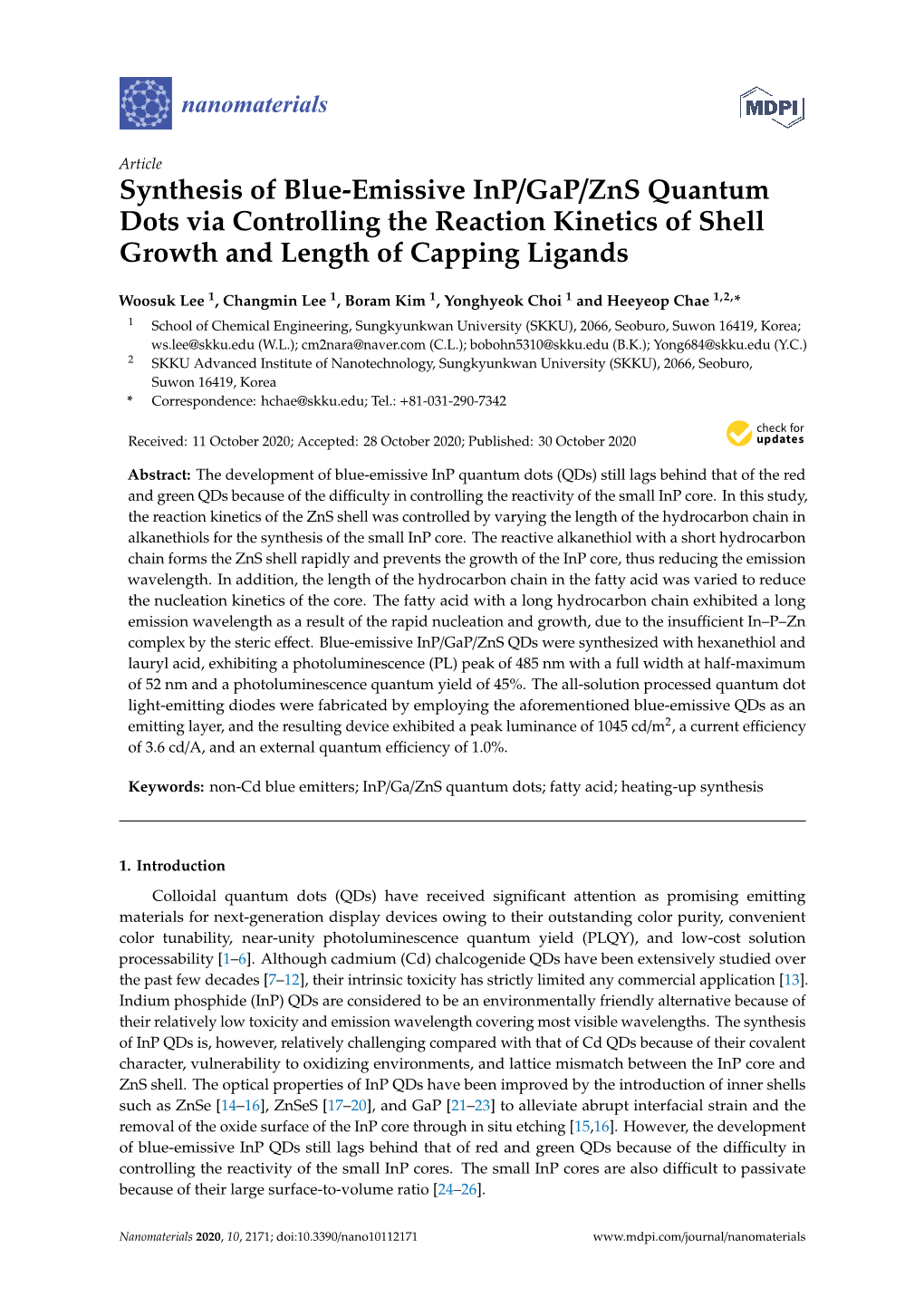 Synthesis of Blue-Emissive Inp/Gap/Zns Quantum Dots Via Controlling the Reaction Kinetics of Shell Growth and Length of Capping Ligands