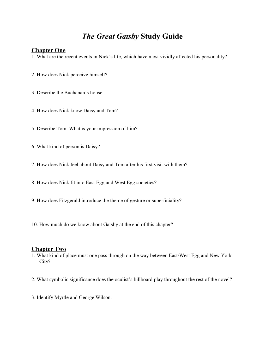 The Great Gatsby Study Guide s1