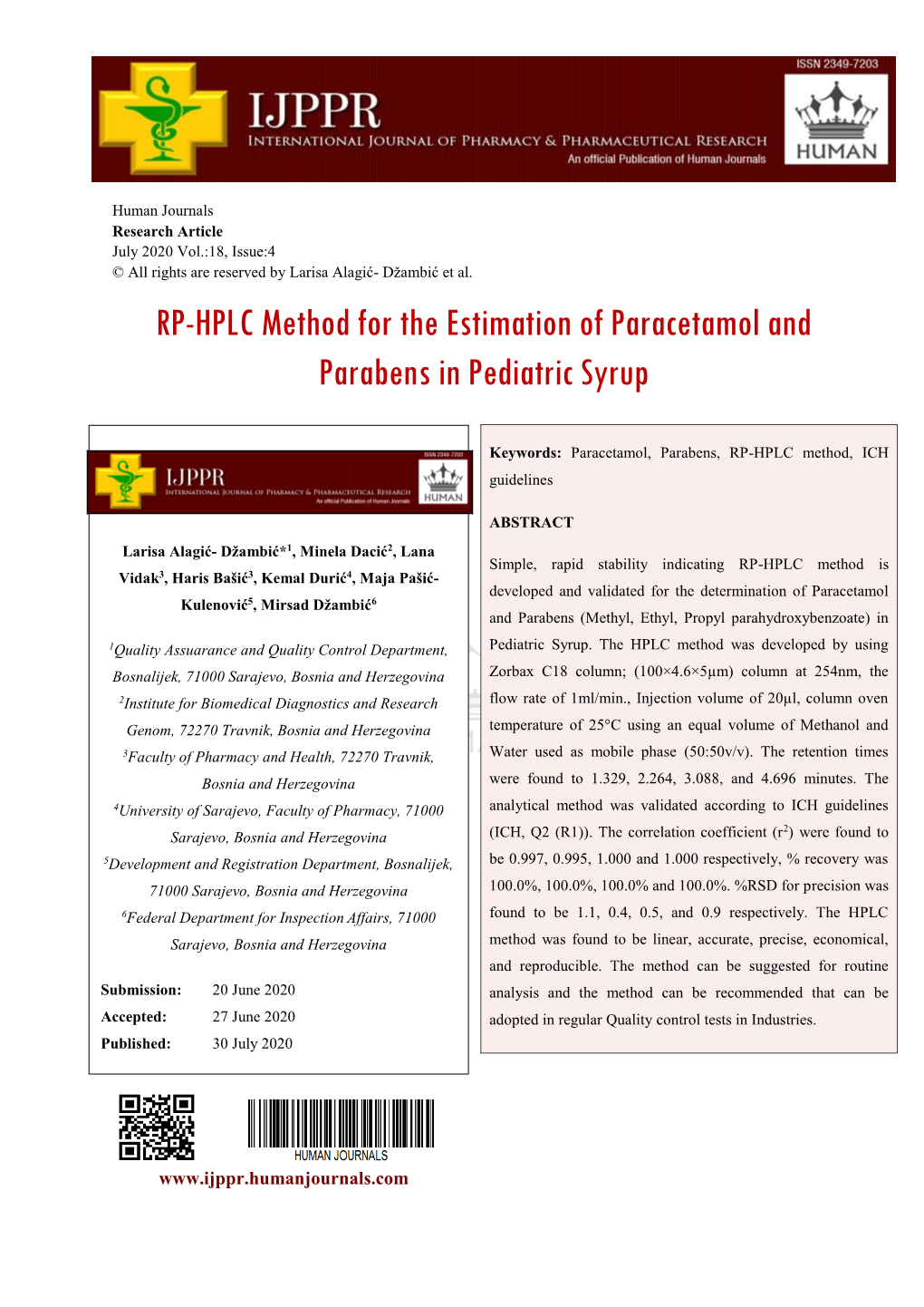 RP-HPLC Method for the Estimation of Paracetamol and Parabens in Pediatric Syrup