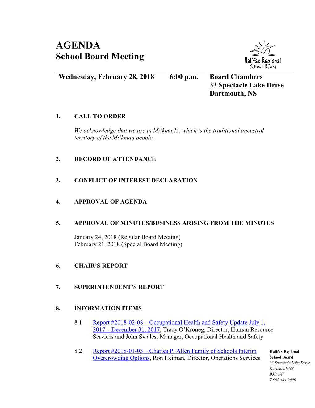 AGENDA School Board Meeting