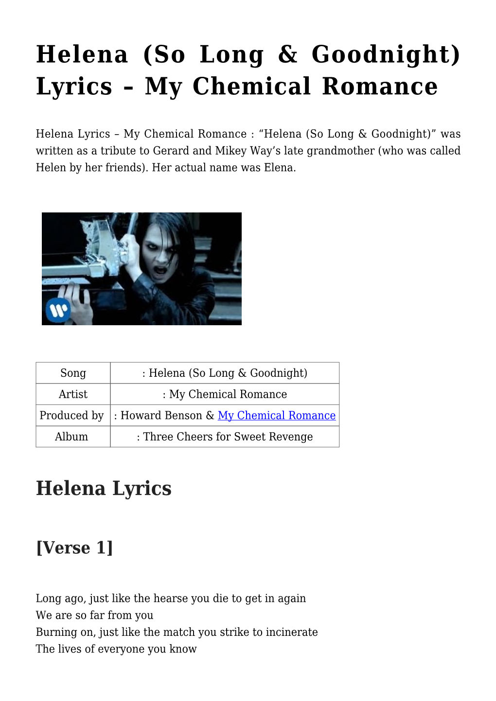 Helena (So Long & Goodnight) Lyrics &#8211; My Chemical Romance