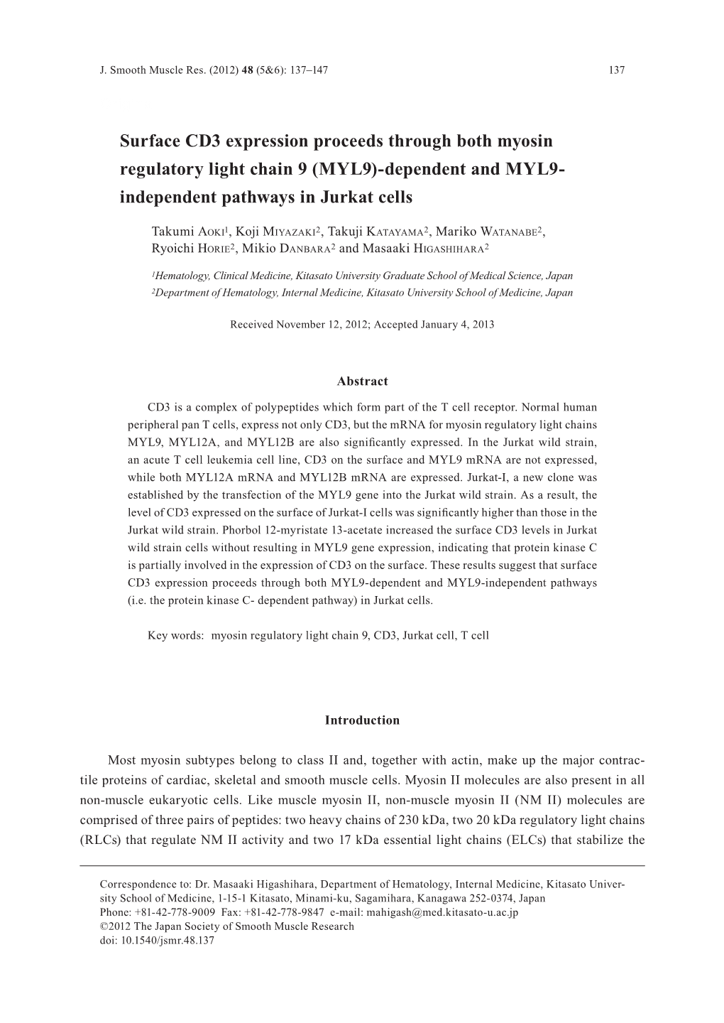 Surface CD3 Expression Proceeds Through Both Myosin Regulatory Light Chain 9 (MYL9)-Dependent and MYL9- Independent Pathways in Jurkat Cells