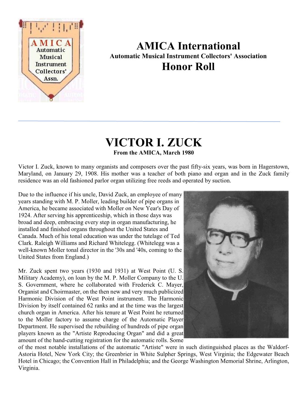 VICTOR I. ZUCK from the AMICA, March 1980