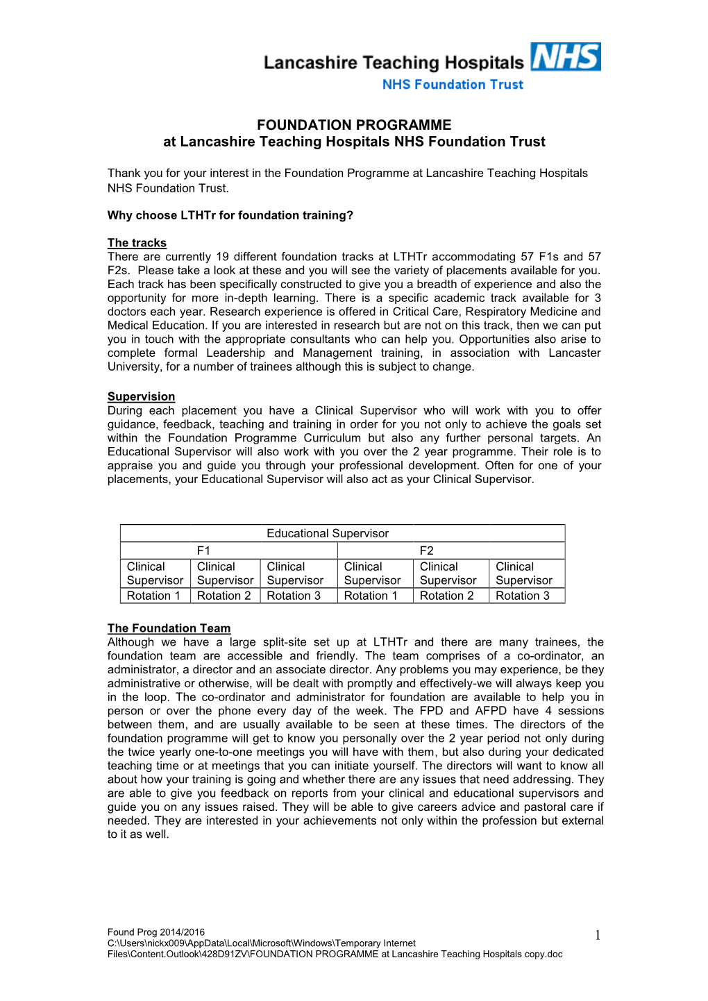 FOUNDATION PROGRAMME at Lancashire Teaching Hospitals NHS Foundation Trust