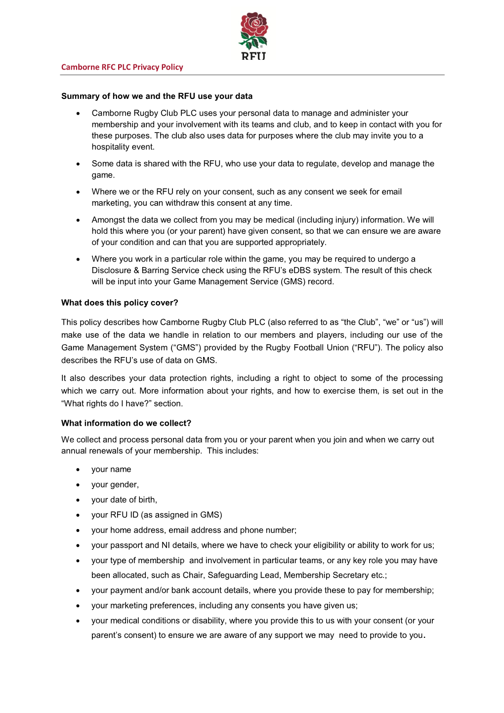 Camborne RFC PLC Privacy Policy Summary of How We and the RFU