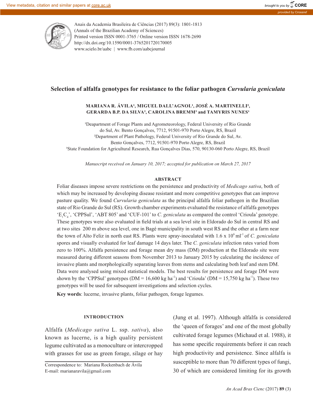 Selection of Alfalfa Genotypes for Resistance to the Foliar Pathogen Curvularia Geniculata