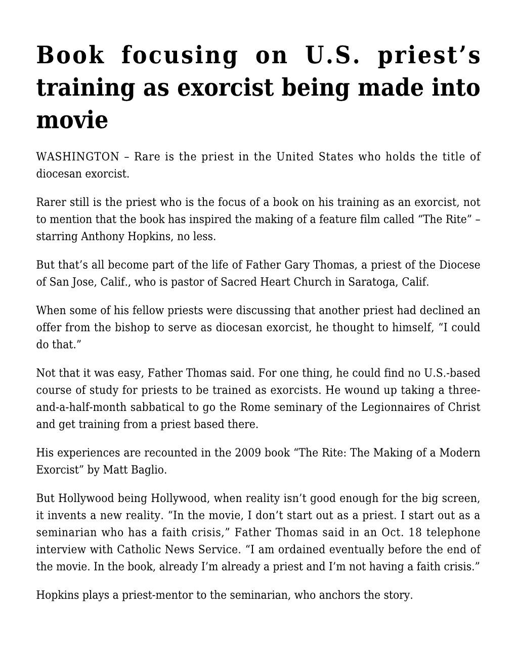 Book Focusing on U.S. Priest&#8217;S Training As Exorcist Being Made Into Movie