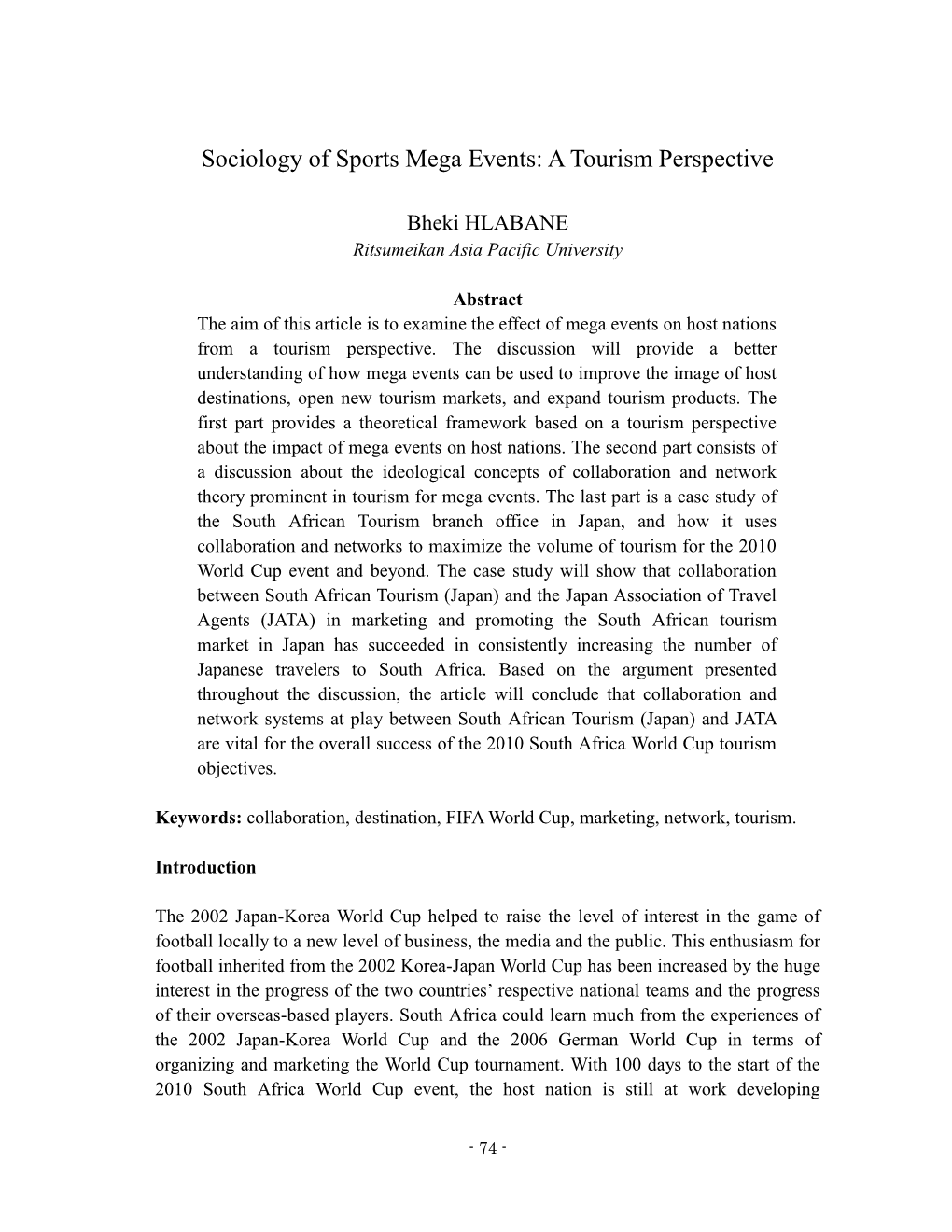 Sociology of Sports Mega Events: a Tourism Perspective