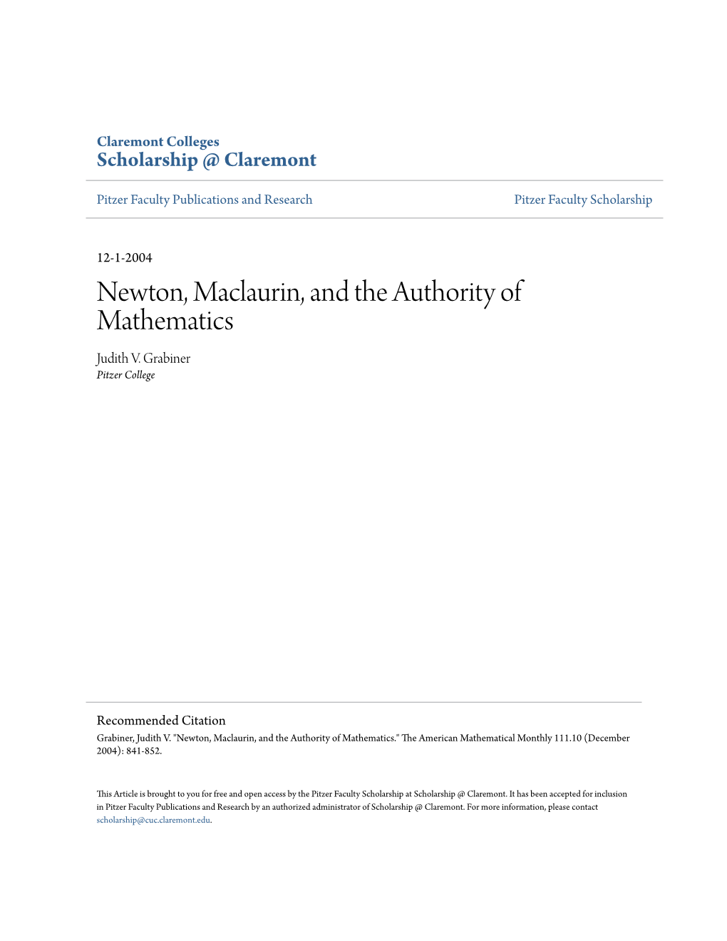 Newton, Maclaurin, and the Authority of Mathematics Judith V