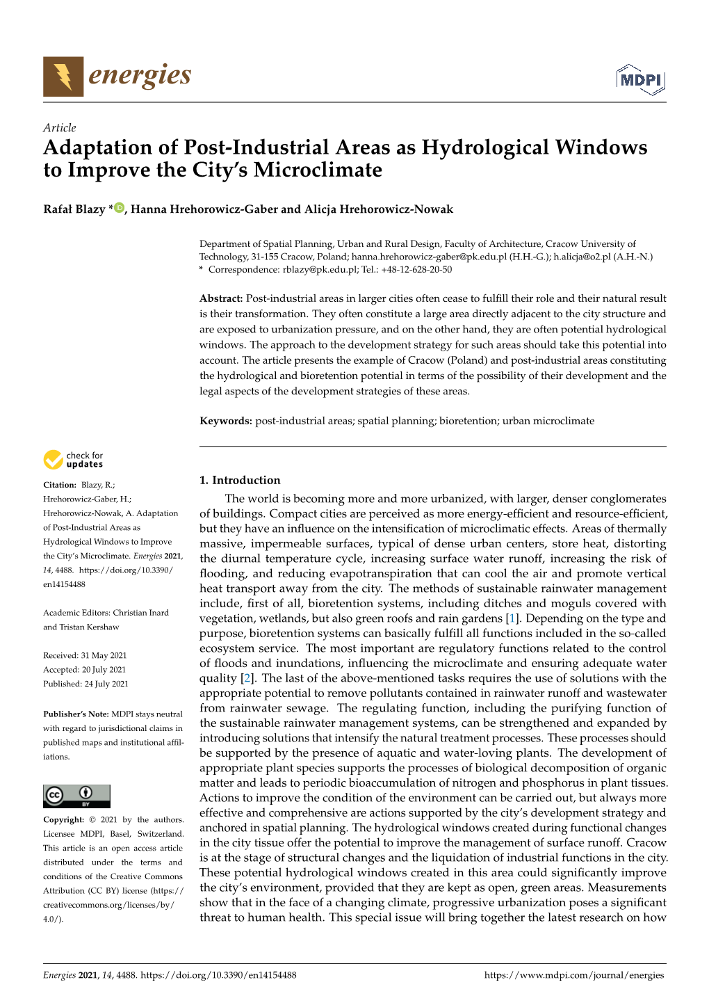 Adaptation of Post-Industrial Areas As Hydrological Windows to Improve the City’S Microclimate