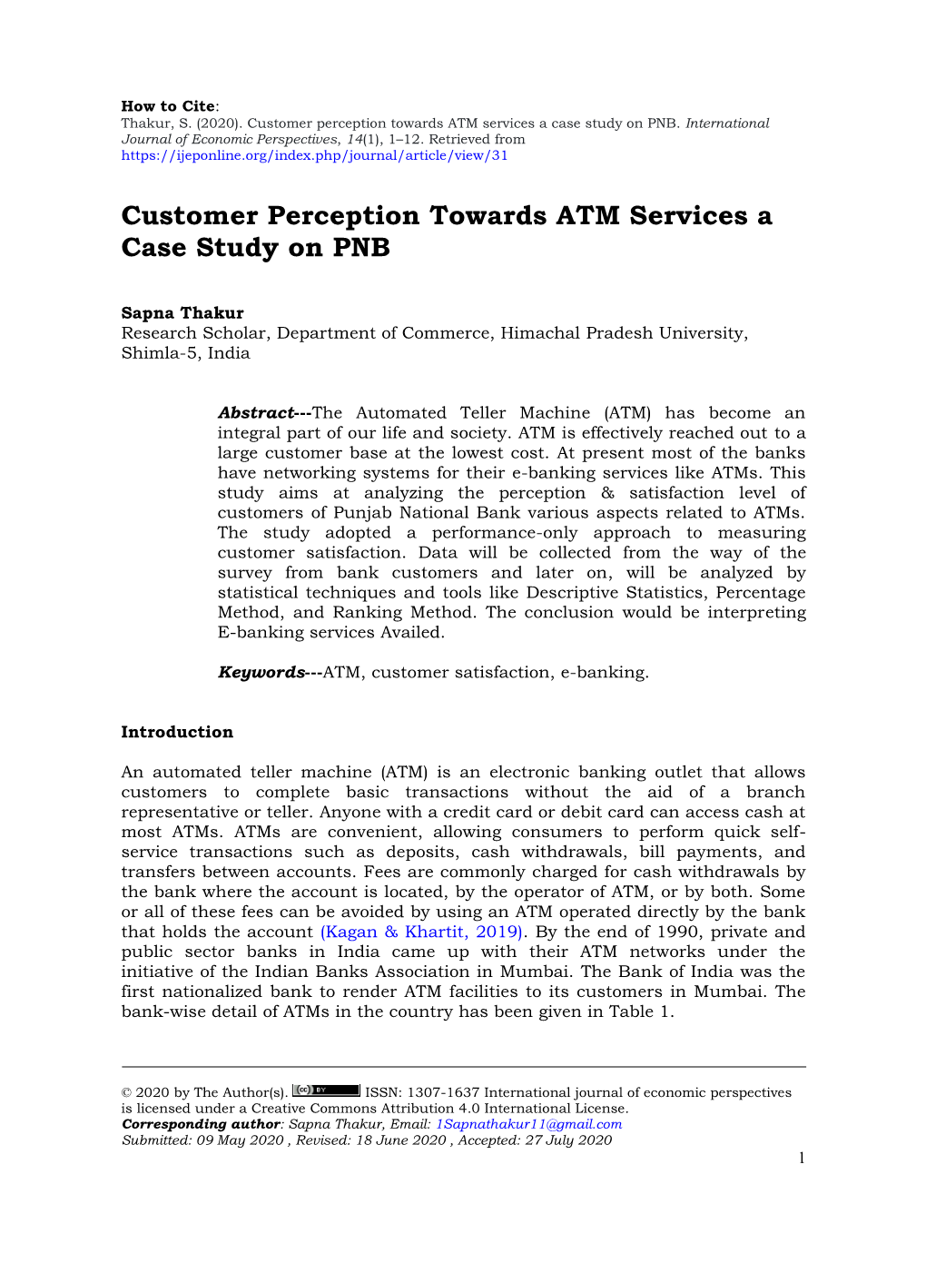 Customer Perception Towards ATM Services a Case Study on PNB