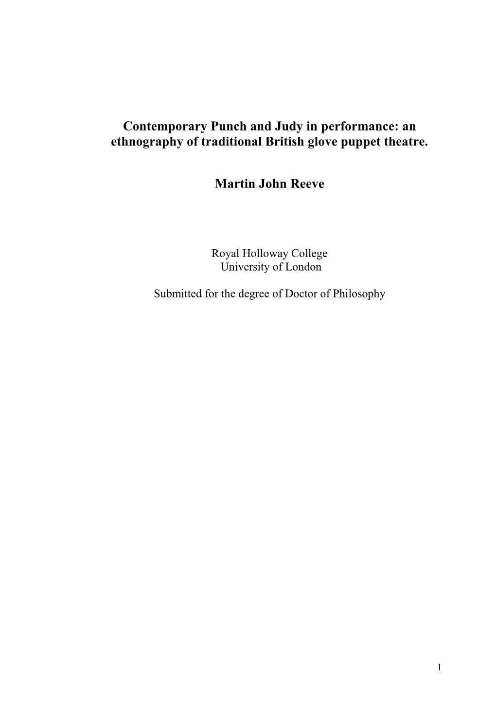 Contemporary Punch and Judy in Performance: an Ethnography of Traditional British Glove Puppet Theatre