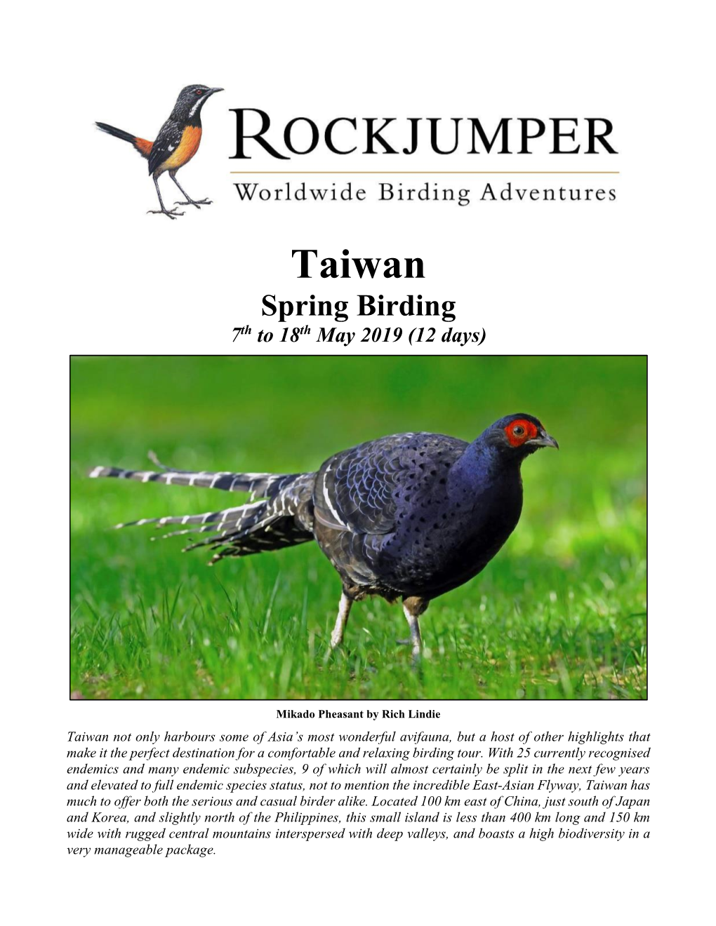 Taiwan Spring Birding 7Th to 18Th May 2019 (12 Days)