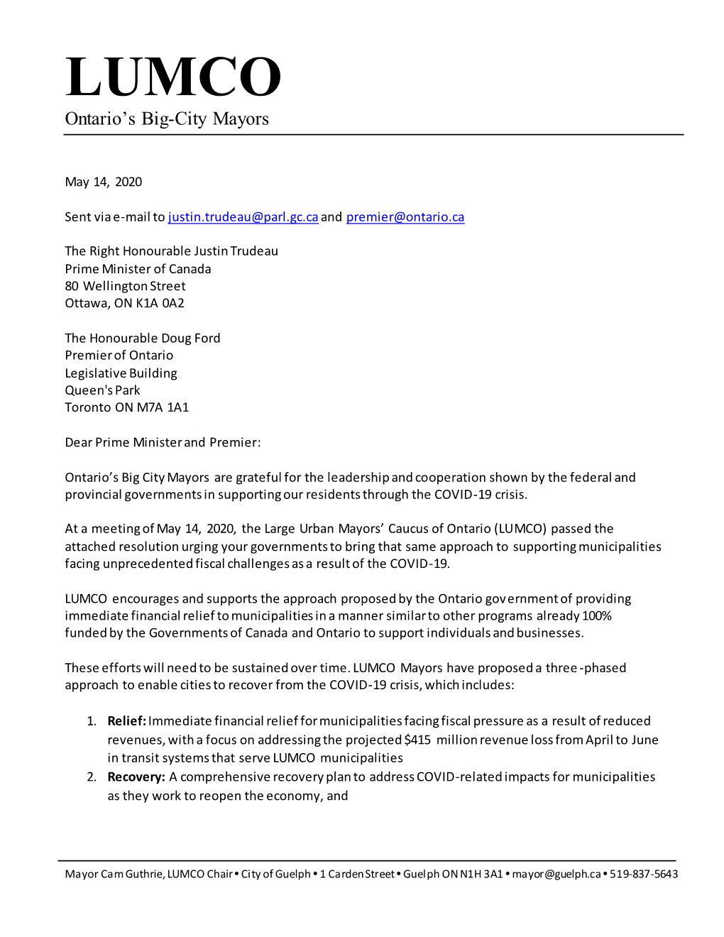 LUMCO Ontario's Big-City Mayors Letter to Prime