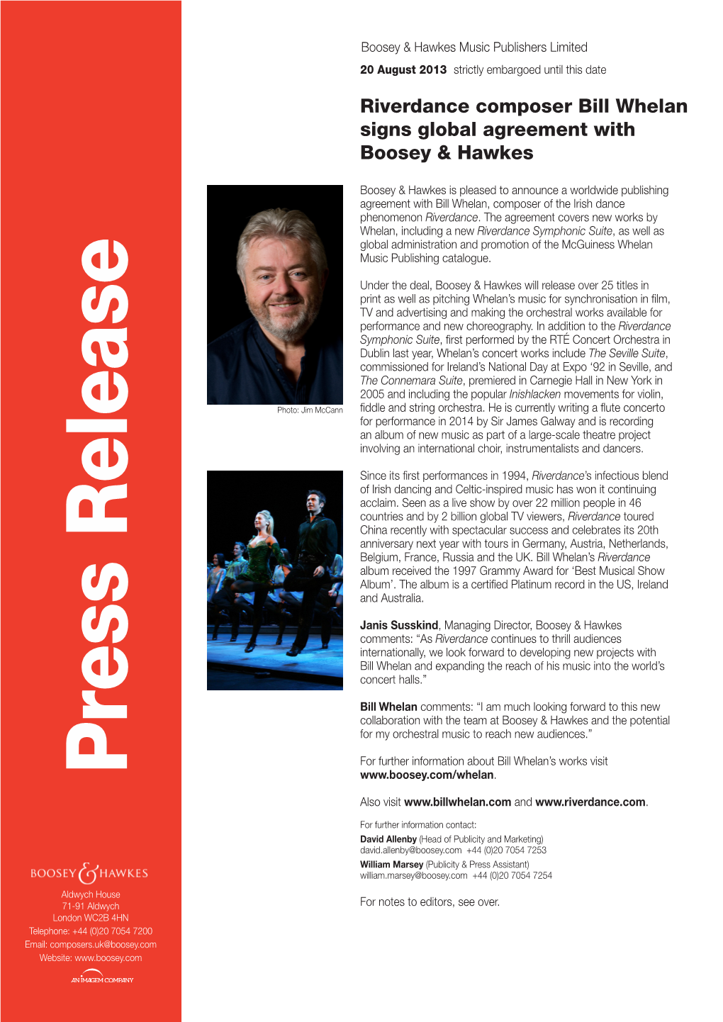 Riverdance Composer Bill Whelan Signs Global Agreement with Boosey & Hawkes